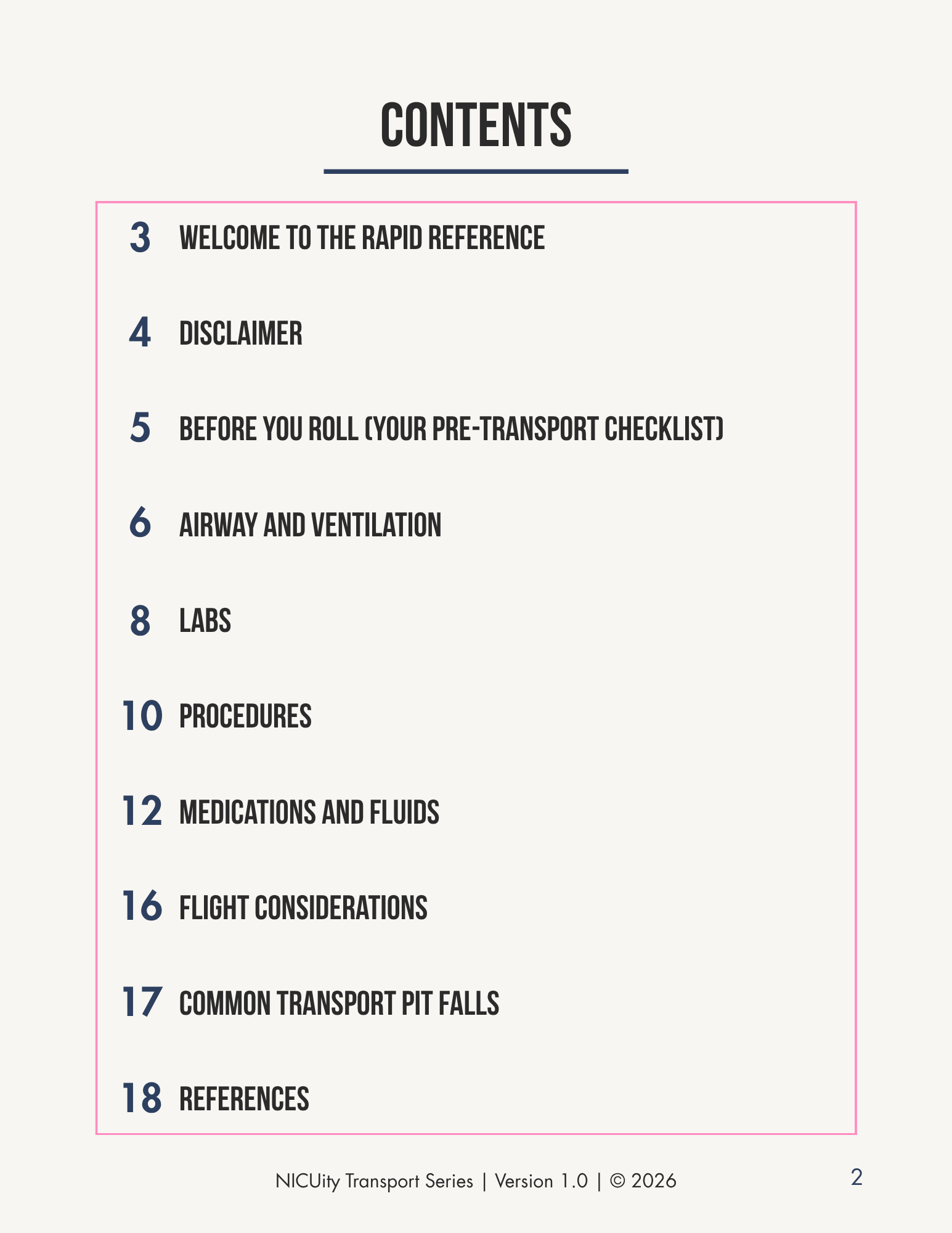 NICUity Transport Rapid Reference Pocket Guide