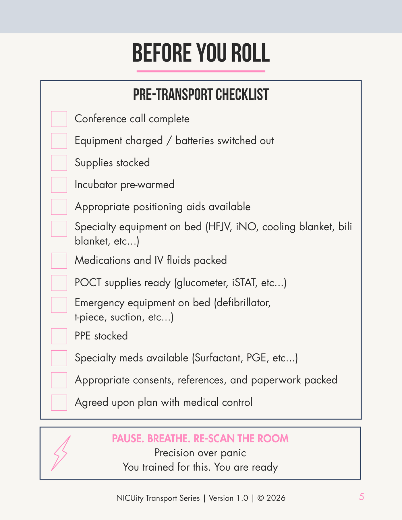 NICUity Transport Rapid Reference Pocket Guide
